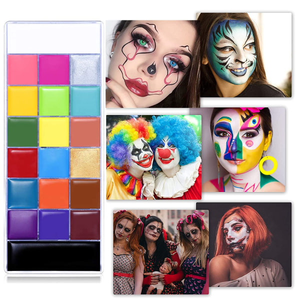 Ansigtsmaling i 20 farver - Palettesæt til ansigtsmaling til voksen/professionel tatoveringsmaleri, cosplay-makeup til Halloween-fest (21,2*8,5*1,5 cm)