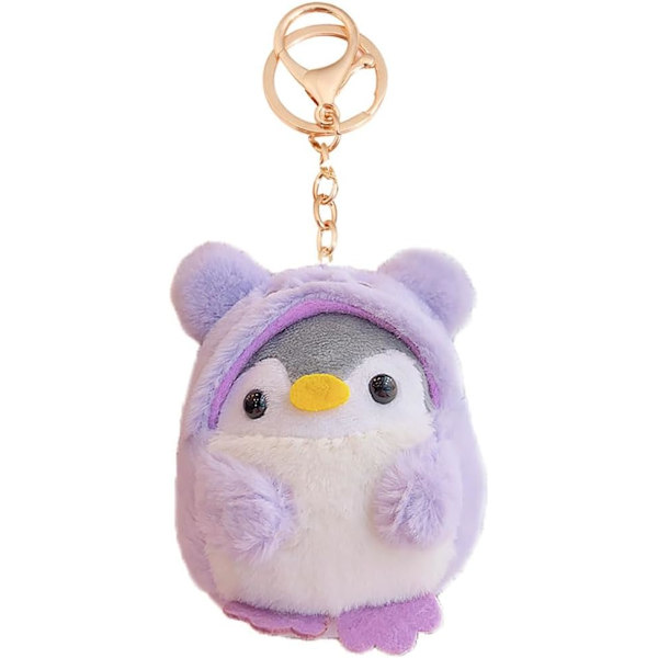 Super söt Kawaii klädd i kläder Cosplay mjuk plysch pingvin nyckelring pojkar flickor hänge metall nyckelring nyckelring, lila