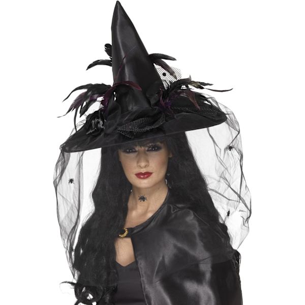 Heks Hat, Fjer & Netting, Sort Deluxe, Halloween Kostume Tilbehør, Heks Udklædningshatte-Sort