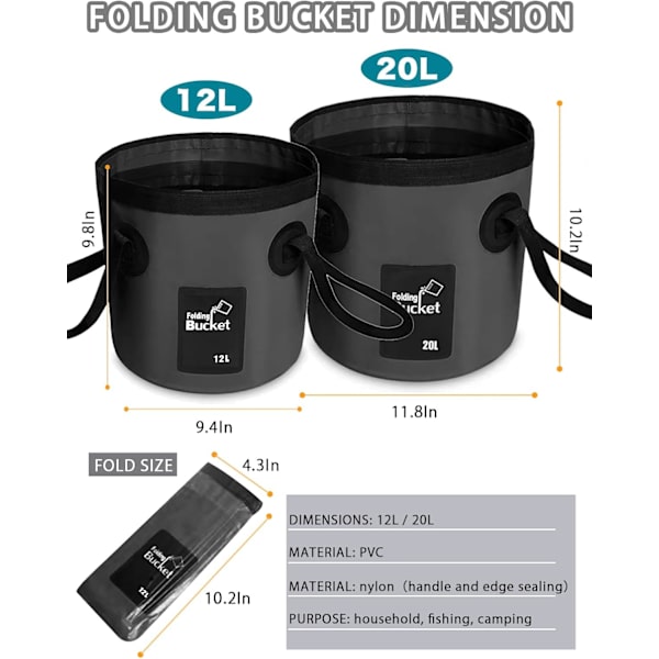 Hopfällbar hink med handtag, lättvikts hopfällbar vatten 12L, multifunktionell bärbar hopfällbar hink tvättfat, svart