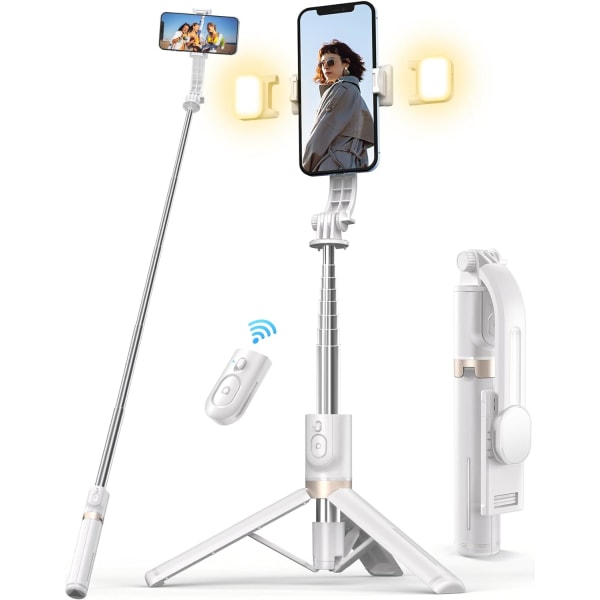 Selfie Stick-stativ med 2 Fyld-lys, Telefonstativ med aftagelig fjernbetjening, Kompatibel med iPhone, Samsung, Smartphones（Hvid） White