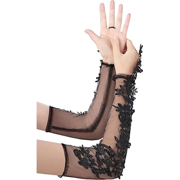 Spets handskar för kvinnor - Långa mesh tyll handskar fingerlösa bröllop opera brudhandskar flapper accessoarer för brudar, svart