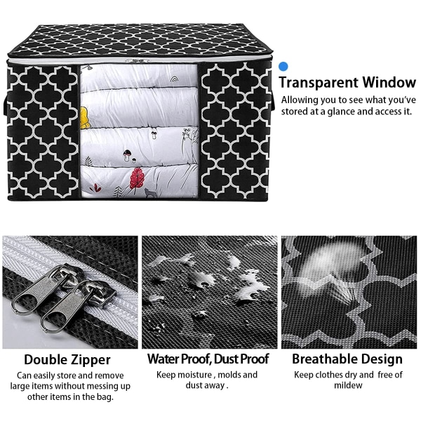 Förpackning med 3 Täckeförvaringsväska Stor klädförvaring med förstärkt handtag, genomskinligt fönster, under sängen Klädskåp Organizer för täcken, kuddar