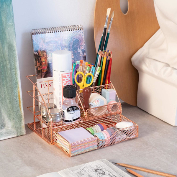 Skrivebordsarrangør med skuffe, kontorartikler med 5 rum + 1 stor skuffe | The Mesh Collection, rosaguld rose gold