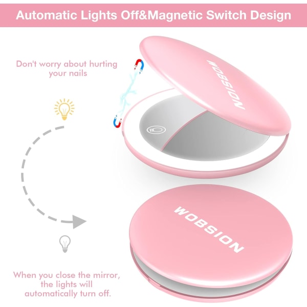 Sminkespeil, oppladbart dimbart LED-lysspeil, 1x/10x forstørrelsesspeil med lys, 4-tommers håndholdt bærbart speil for veske, rosa Pink