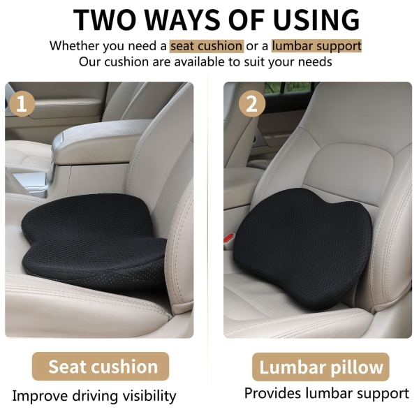 Bilsetepute, ergonomisk setepute for bil, minneskum bilsetetrekk, ortopedisk setepute for bilsete, roadtrip nødvendigheter (svart)