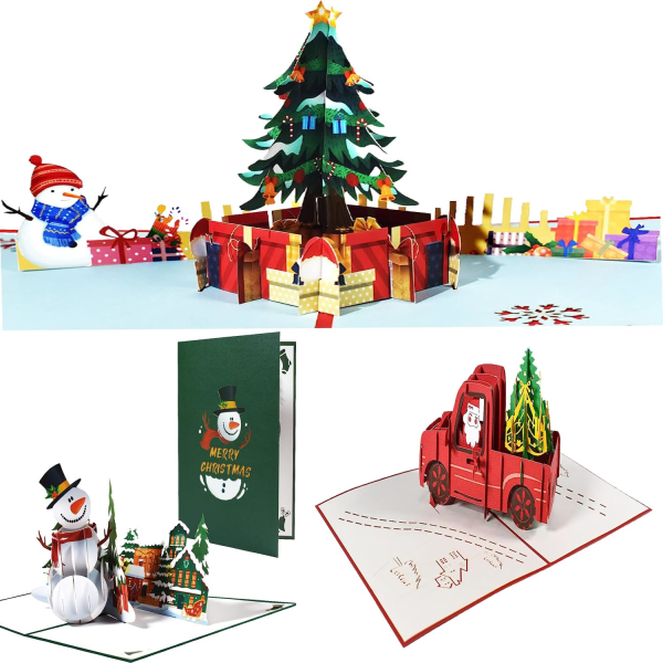 3D Pop Up set , 3 pakkaus, punainen kuorma-auto, joulukuusi, lumiukko, sisältää kirjekuoren ja muistilapun