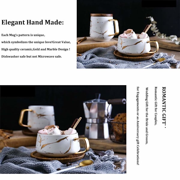 Cappuccino-koppar med fat, 300 ml porslin espressokoppar för te, kaffe, cappuccino, kaffekoppar med träskiva - vit White