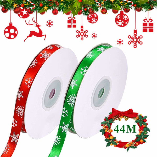Julband, 2 rullar Grönt rött satinband Julklappsinpackningsband Grosgrain Snowflake Band 10 mm, totalt 44M/50 Yards julband
