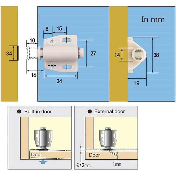 6 stk magnetiske utløserlåser trykkutløser kattesnapper, skapdørdamper dører skyv dør lås for å åpne låser. (Beige)