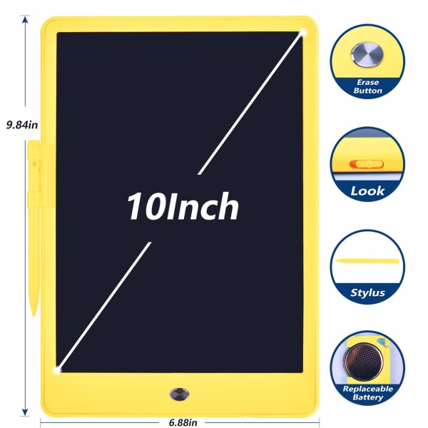 10-tums LCD-ritplatta, färgglad doodle-tavla, ritplatta, raderbar återanvändbar skrivplatta, pedagogisk julklapp till barn (gul, 10 tum) Yellow