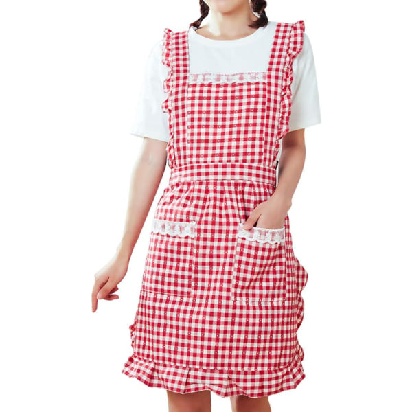 Søde køkkenforklæder til kvinder med lommer Justerbart kokkeforklæde Damer bagning af bomuld Frilly forklæder Pinafore kjole til bagning Madlavning Rød