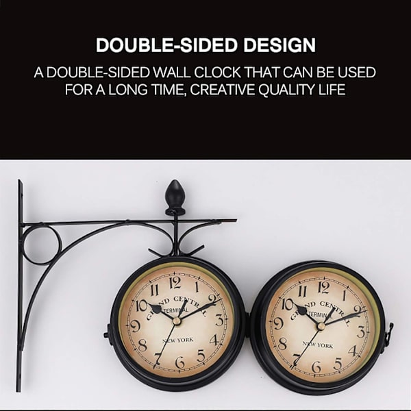 Retro Dobbeltsidet Væg Ur, Udendørs Have Ur med Antik Jern Kabinet Design Vandtæt til Indendørs og Udendørs Hjem Have (Sort)