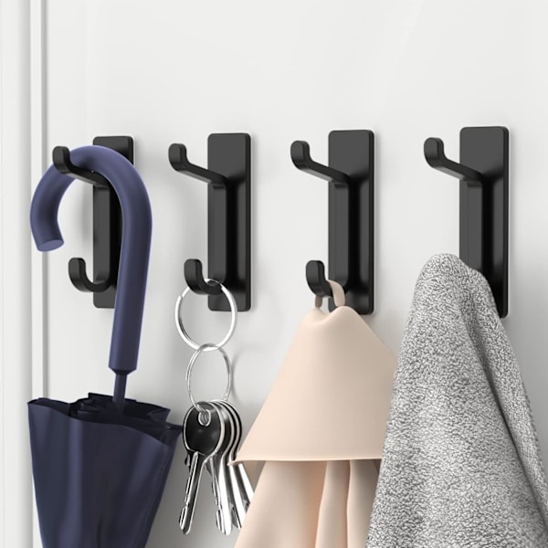 Självhäftande krokar för upphängning av kappa, handduk, nyckel, hatt, väggmonterad kraftig, avtagbar galge för badrum, kök, svart, 4-pack Black
