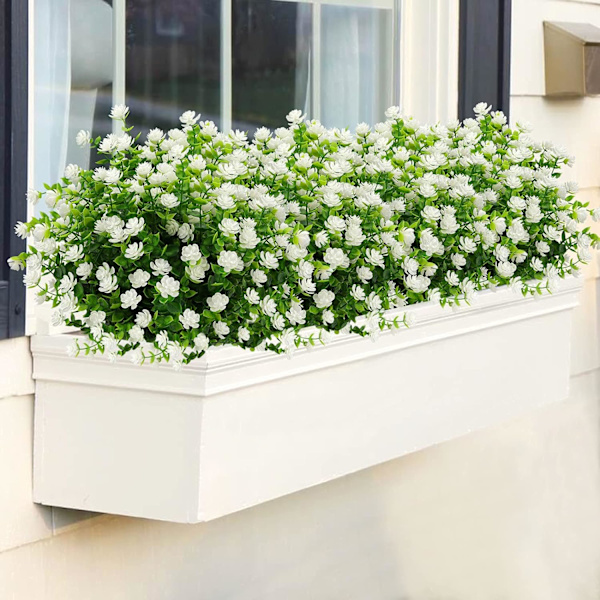 Kunstige Blomster Udendørs Falske Blomster til Dekoration UV-bestandige Ingen Falmning Faux Plastplanter Have Veranda Vindueskasse Dekor (6 Bundter, Hvid)