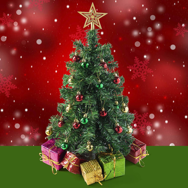 Bordplade-juletræ (stand) med flerfarvede LED-lys (UK-stik), Star Treetop og 5 gaveæsker, små juletræsdekorationer
