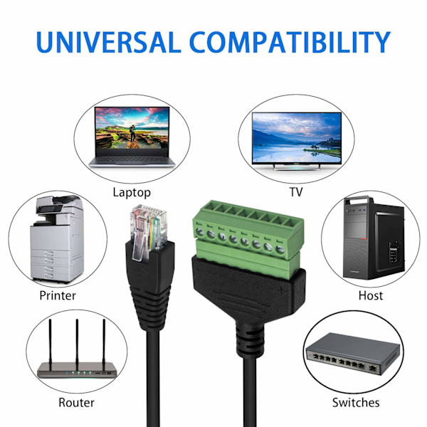 RJ45 Han til 8-polet Skrueklemme Stik, Terminal Breakout Board Kabel til Cat5 /6/7 AV CCTV, 12 tommer