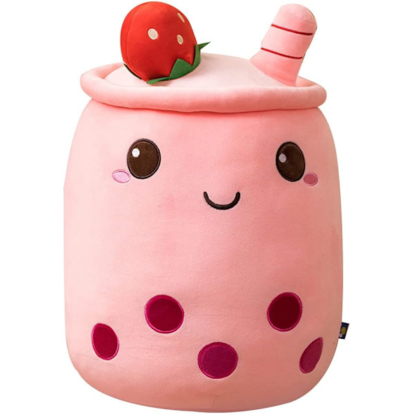 Bubbelteplyschkudde, söt mjölktekopp plysch bubbelte mjuk leksak med jordgubbar, bubbeltekopp plyschleksak fylld kastkudde (rosa) Pink