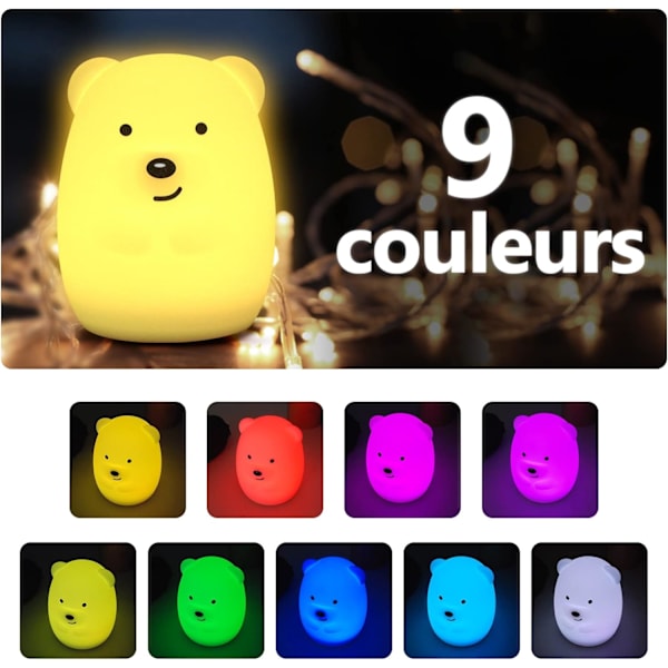 Børns natlys bjørn natlys LED-lampe soveværelse 9 farver  multifarvet USB genopladelig let natlys med fjernbetjening