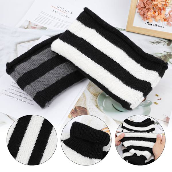 2 par långa benvärmare, stickade vintertermiska benvärmare punk knähöga strumpor stövlar manschettvärmare för kvinnor, flickor (45 cm) black strips,white strips