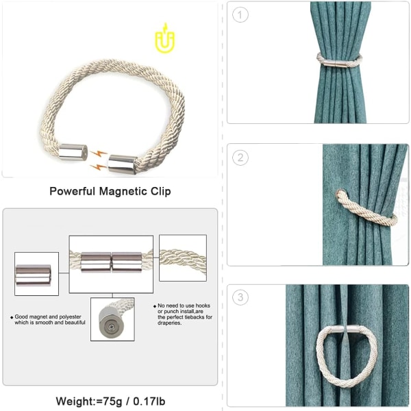 Magnetiske gardinbindere, 2-pak moderne enkelhedsgardinreb med stærk magnet, til tynde eller tykke hjemme- og kontorgardiner (beige) Beige