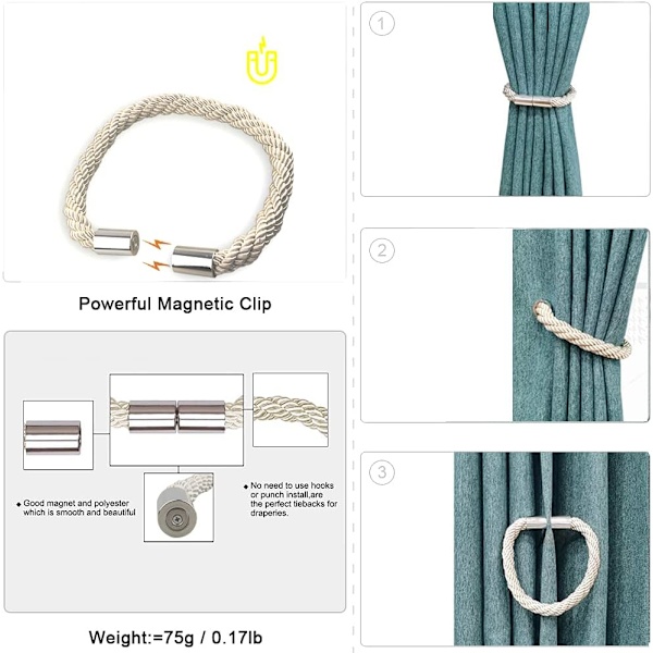 Magnetiske gardinholdere, 2 stk. Moderne enkelhedsgardin reb holdere med stærk magnet, til tynde eller tykke gardiner til hjemmet og kontoret (beige) Beige