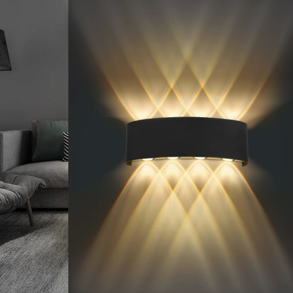 Væglampe LED indendørs, 20x20x8cm op og ned væglampe, trykstøbt aluminium væglampe 8w sort, væglampe indendørs 3000K varm hvid, væglampe indendørs