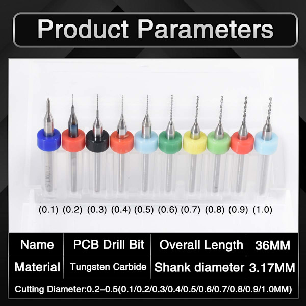 10 st mini PCB borrbitar 0,1-1,0 mm, hårdmetallspiralflöjt hårdmetall mikroborrbitar roterande verktyg smycken