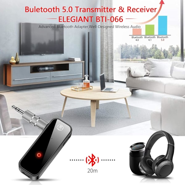 Bluetooth-modtager, Bluetooth-bilstikadapter, 5.0 Bluetooth-sender, bærbar trådløs 3,5 mm Aux Bluetooth-adapter