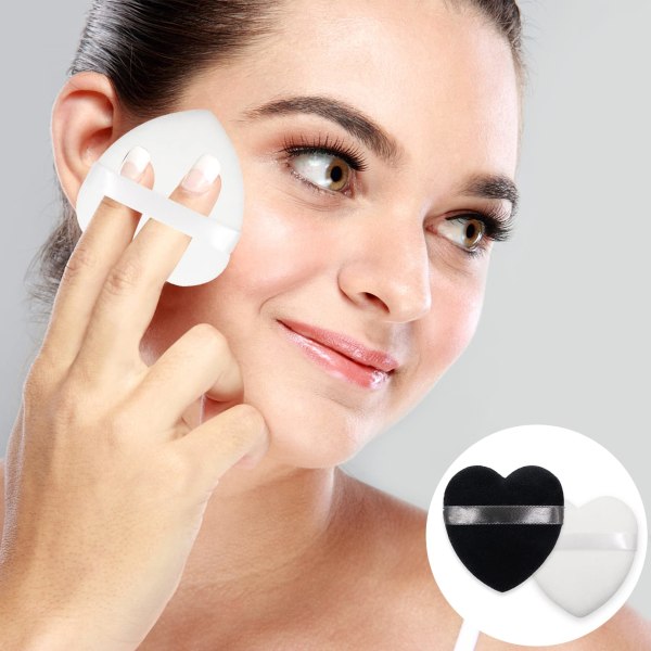2st Powder Puff Hjärtformad Makeup Puff, Mjuk & Återanvändbar Sammet Makeup Svamppuffar med rem (svart+vit)