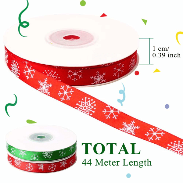 Julband, 2 rullar grönt rött satinband jul presentförpackningsband grosgrain snöflingband 10mm, totalt 44M/50 yards julband