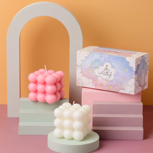 Boblelys - Terningformede Soyvokslys, Hjemmedekoration Lys, Duftlys Sæt 2 Stykker, Til Hjemmet og Gave (Hvid+Pink)