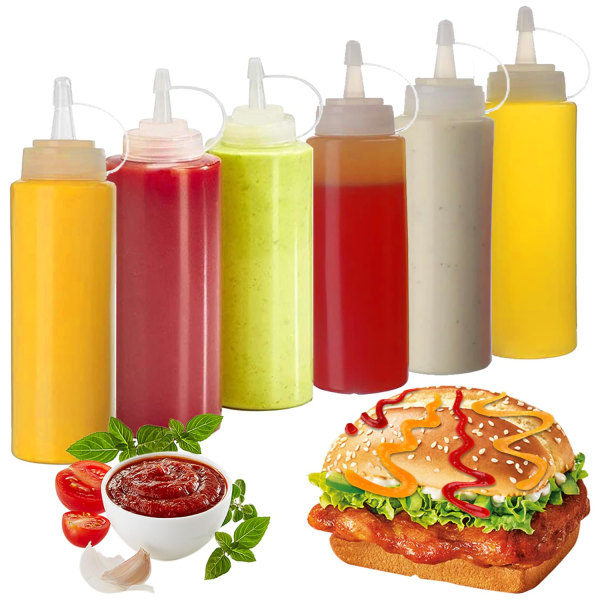 Plastpressflaska, paket med 6 8oz plastpressflaskor, kryddflaskor - BPA-fria, förvaringsbehållare för ketchup, senap, majonnäs, såser
