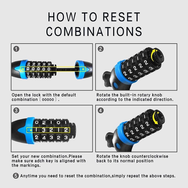 Cykellås, Långt Cykellås 120cm x 12mm, Kabellås för Cykel med 5-siffrig Intelligent Kod, Stöldskydd Cykellås (Blå) Blue