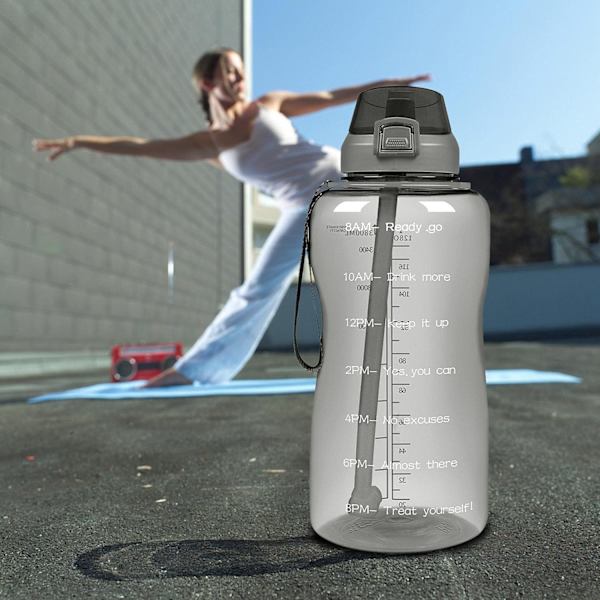 2L Vattenflaska Med Sugrör & Läckagesäker Flipplock, 2000ml Vattenflaska BPA-Fri Med Tidsmarkör Black