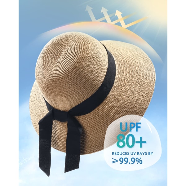 Solhatt för dam UPF 50+ strandhatt stråhatt med bred brätte Khaki