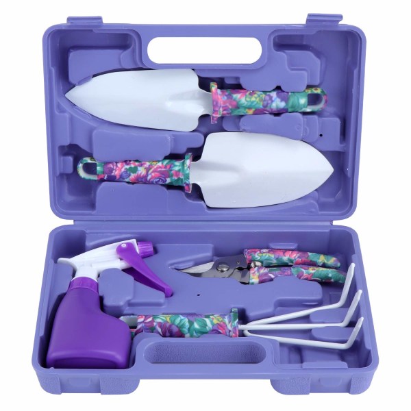 5 Pieces Gardening Tools with Storage Box with Transplanters Scissors(Purple)