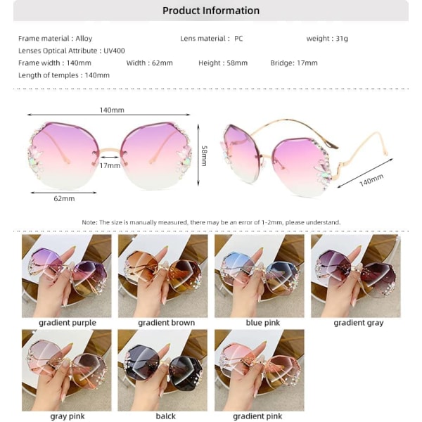 Nye vintage diamantsolbriller uden indfatning, overdimensionerede diamantsolbriller uden kant til kvinder med gradientskæring med UV-beskyttelse (Pink) Pink