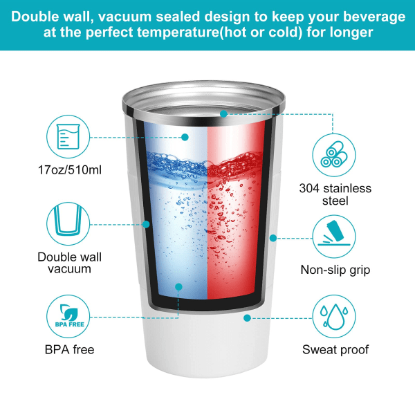 Reisekrus Gjenbrukbar Isolerte Kaffekopper Vakuumisolasjon Rustfritt Stål Termisk Tumbler for Varme Kalde Drikker (Hvit, 510ml)