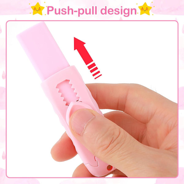 Skydeligt tilbagetrækkeligt blyantsviskelæder Push-Pull gummi viskelæder og 4 stk. refill viskelædere til studerende skoleartikler skrivekontor (Pink)