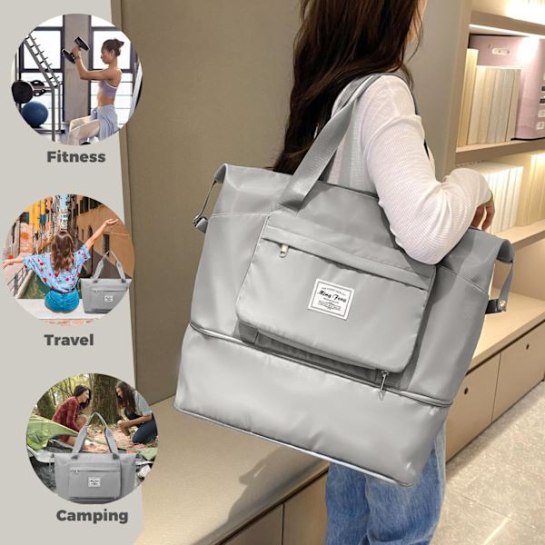 Foldbar rejsetaske, stor kapacitet sammenklappelig sports- og træningstaske, let vandtæt taske, holdall-tote, håndbagage (lys grå) Gray