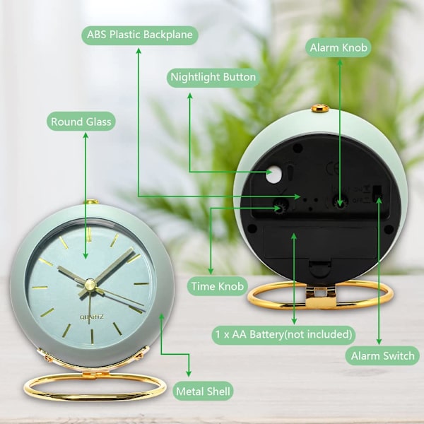 Tyst väckarklocka med ljus, högljudd väckarklocka sängbord för tunga sovare batteriresor retro väckarklocka liten skrivbordsur (grön) Green