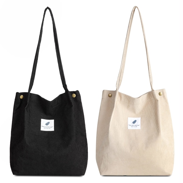 Skuldertaske kvinder - 2 stk fløjlsbukser taske kvinder skuldertaske shopper kvinder håndtag taske til hverdag, kontor, skoletur og shopping (sort + beige) black + beige