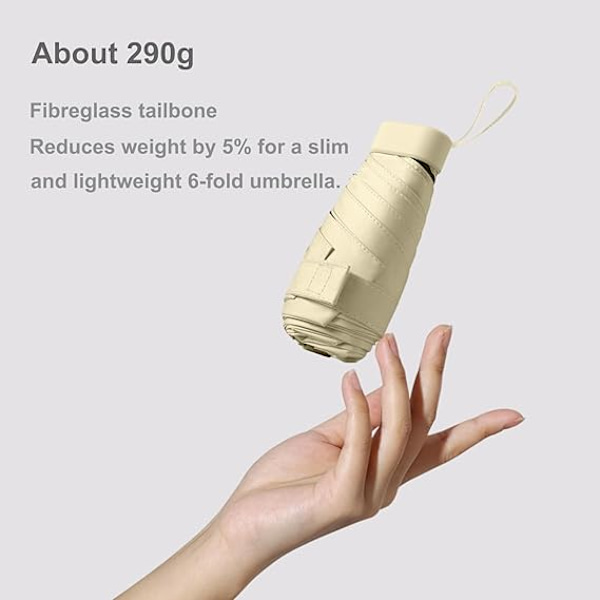 Sammenfoldelig rejse paraply, lille kompakt paraply til sol og regn vindafvisende UV paraply med lynlås etui til kvinder pige, beige
