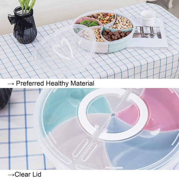 Divided Serving Tray with Lid and Handle Clear Storage Container Box with 5 Plastic Compartments for Candy, Fruit, Nuts, Snacks