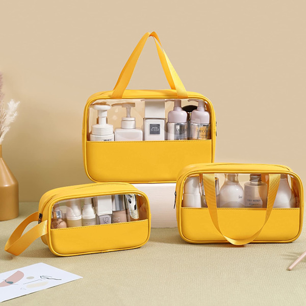 Transparent kosmetisk väska, 3-pack, vattentät PVC necessär för kvinnor, lätt sminkväska för kosmetika, necessär resekit yellow