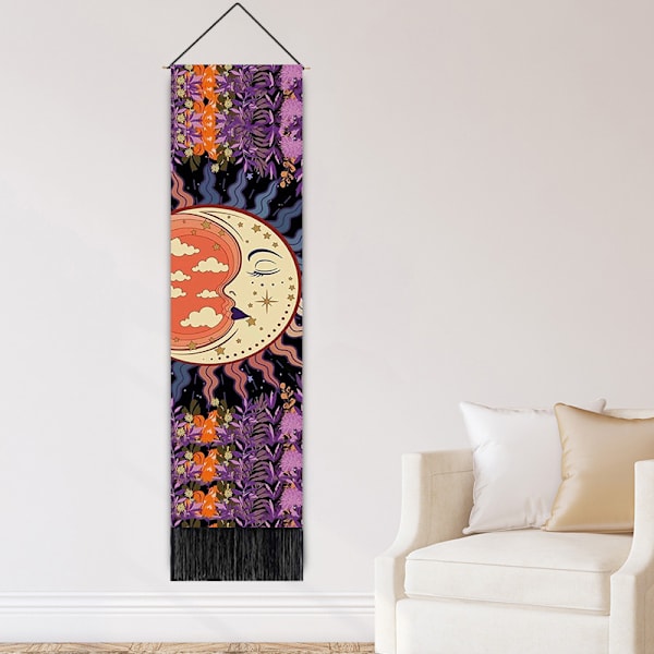 Bohemisk väggbonad i två delar, lång gobeläng i tyg, vertikal måne- och solväggbonad med tofsar, dekoration för sovrum, vardagsrum, hem (32,8 x 130 cm)
