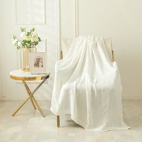 Bomullsfilt Muslinfilt Vuxna, Filten Andas Mjuk Filt Alla Säsonger Förvättade Sofffilten Bomullssängöverkast white 180*200cm