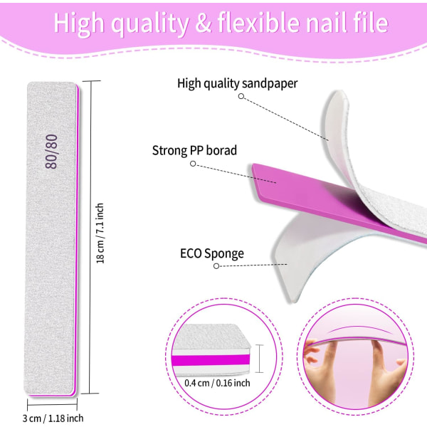 Professionell nagelfil dubbelsidig 80/80 korn nagelfil manikyrverktyg för nagelvård och styling, 12 st fil nagel
