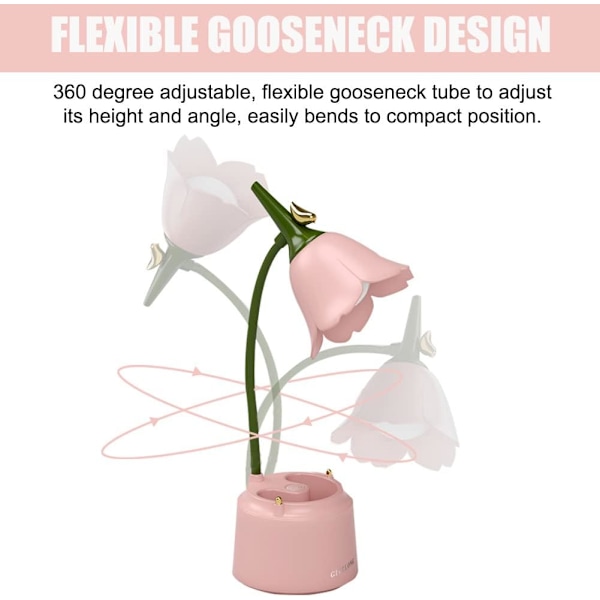 LED-skrivebordslampe for barn, blomsterbordlampe, leselampe med justerbart lys og berøringssensor (rosa) Pink